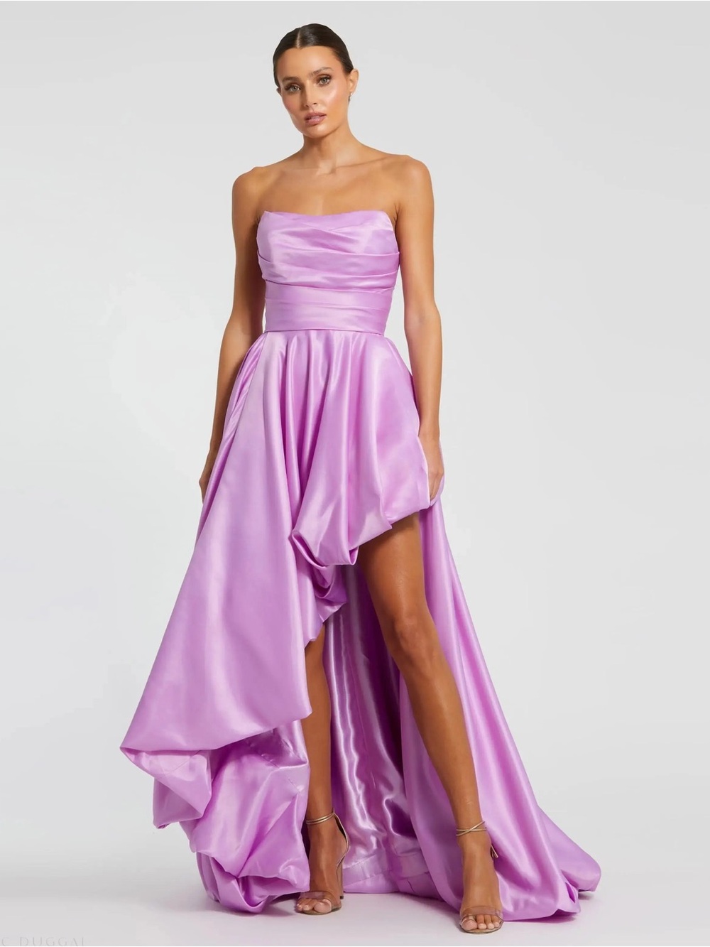 MAC DUGGAL Purple Strapless Ruched High Low Gown